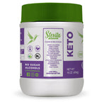 A white container of Stevita Naturals Keto sweetener with a green lid displays labels highlighting its zero calories, zero carbs, and various dietary certifications, set against a plain background.