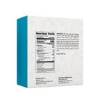 A blue box with a nutrition facts label displays information about a protein bar, including ingredients, serving size, and nutritional values, set against a light background featuring fruit illustrations.