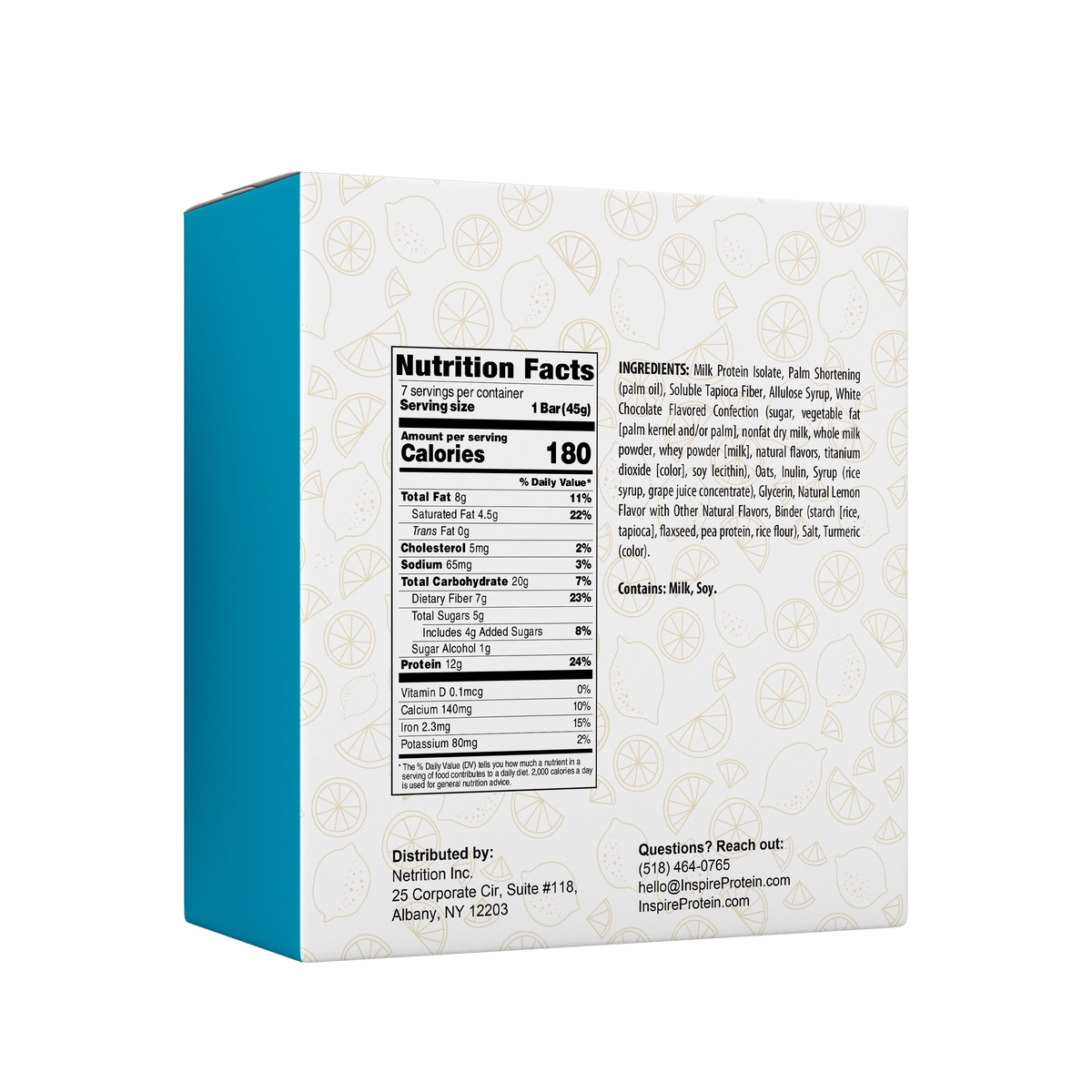 A blue box with a nutrition facts label displays information about a protein bar, including ingredients, serving size, and nutritional values, set against a light background featuring fruit illustrations.