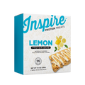 A blue and white box of Inspire Lemon Protein Bars displays a lemon-flavored protein bar drizzled with icing, highlighting its natural flavor and 12 grams of protein per serving.