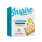A blue and white box of Inspire Lemon Protein Bars displays a lemon-flavored protein bar drizzled with icing, highlighting its natural flavor and 12 grams of protein per serving.