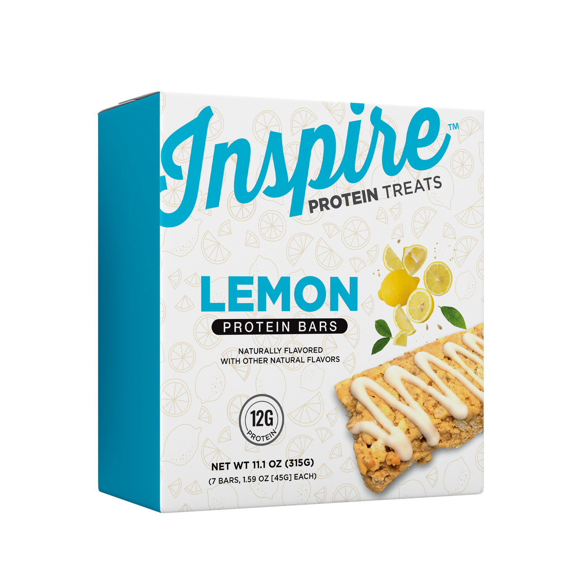 A blue and white box of Inspire Lemon Protein Bars displays a lemon-flavored protein bar drizzled with icing, highlighting its natural flavor and 12 grams of protein per serving.