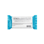 A nutrition facts label is displayed on the back of a protein bar packaging, featuring details such as calories, serving size, and ingredient list, with a blue wrapper and white background.