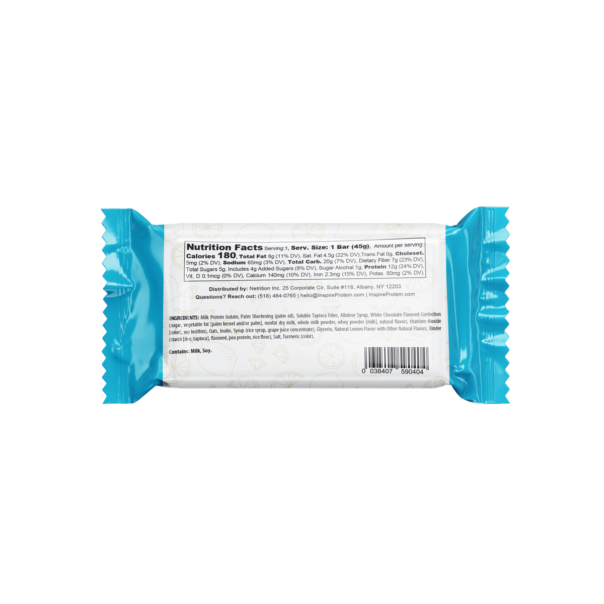 A nutrition facts label is displayed on the back of a protein bar packaging, featuring details such as calories, serving size, and ingredient list, with a blue wrapper and white background.
