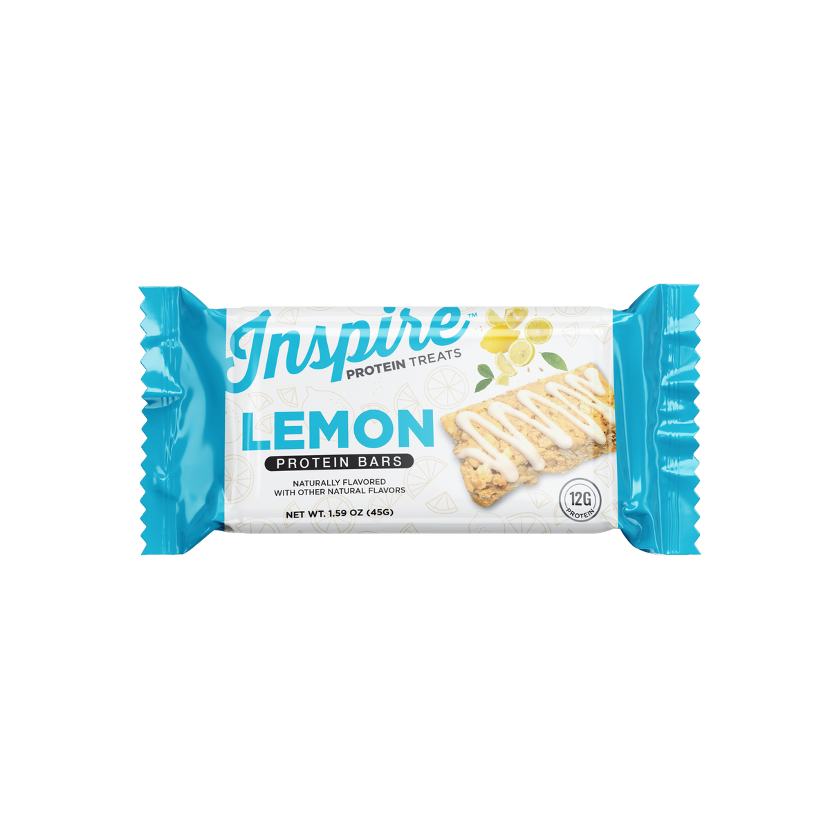 A blue and white wrapper displays a lemon protein bar, labeled "Inspire Lemon Protein Bars," featuring a drizzle of icing and highlighting its 12 grams of protein per serving.