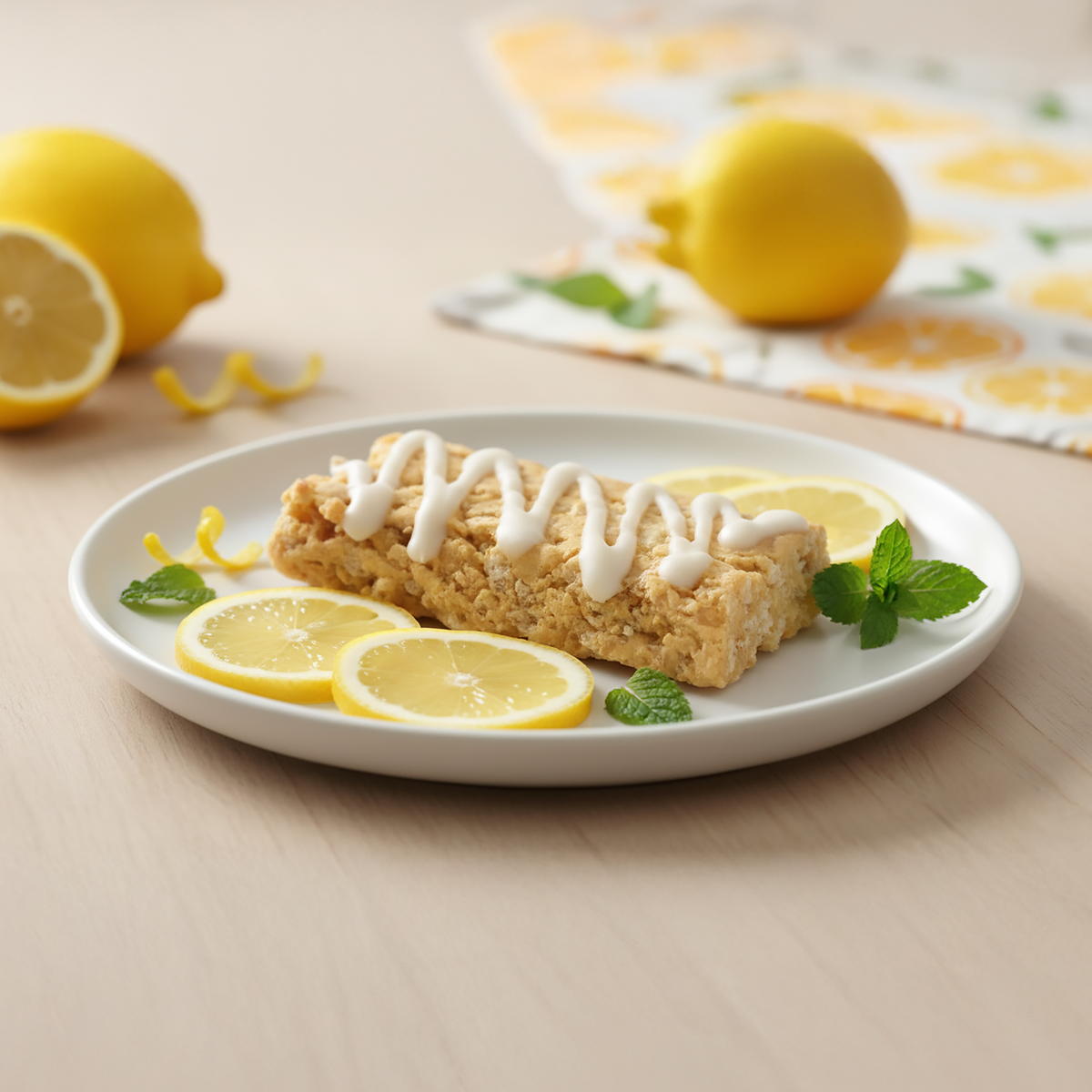 A lemon-flavored dessert bar drizzled with icing is displayed on a white plate, surrounded by fresh lemon slices and mint leaves, with yellow lemons in the background.