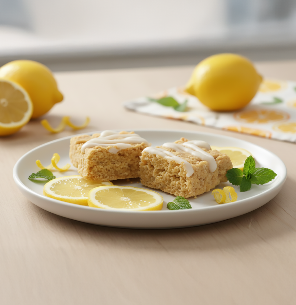 Two lemon-flavored dessert bars drizzled with icing are served on a white plate, surrounded by fresh lemon slices and mint leaves, with a lemon and patterned napkin in the background.