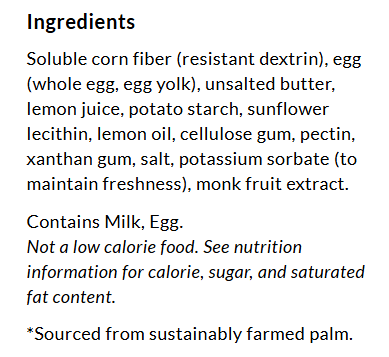 Ingredients for ChocZero Lemon Curd, 11 oz