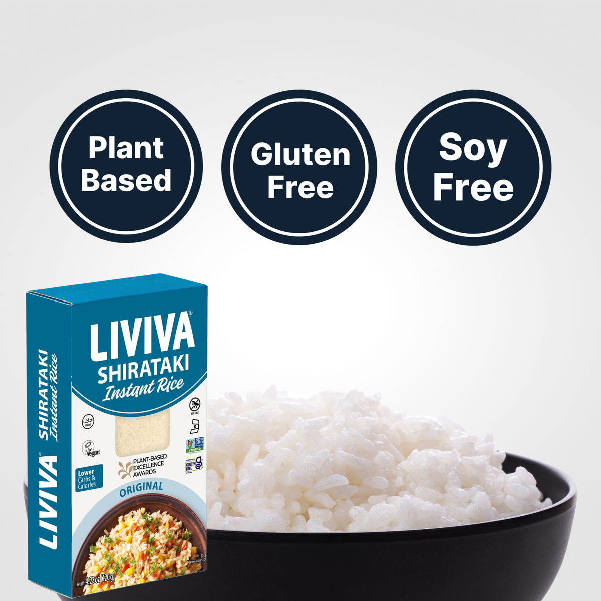 LIVIVA Original Shirataki Instant Rice, a lower-carb, lower-calorie rice alternative that is vegan, gluten-free, soy-free and non-GMO.