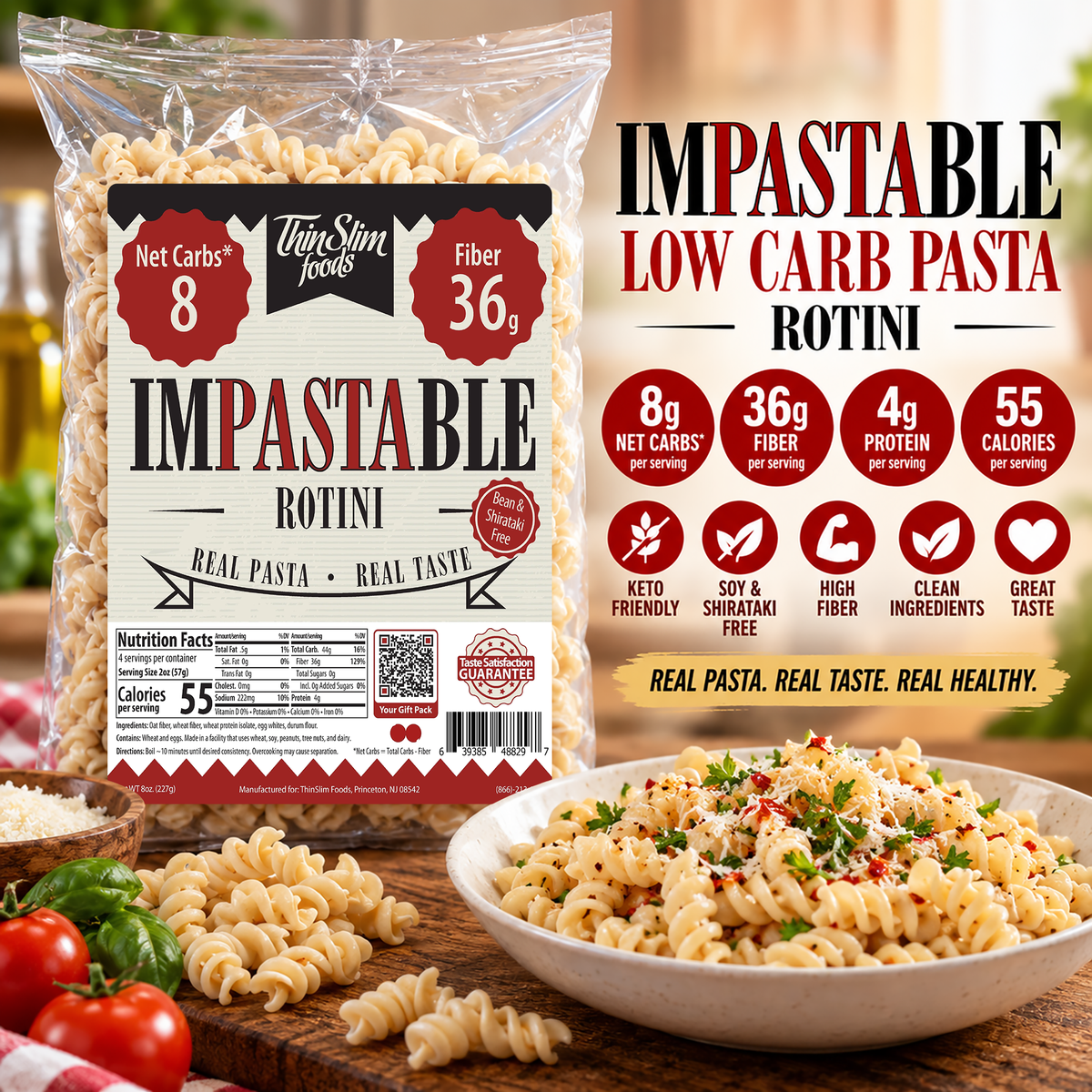 ThinSlim Foods Impastable Low Carb Rotini with 4 grams of protein.