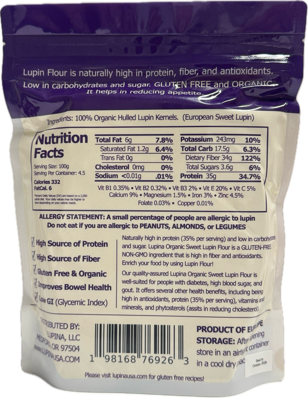 Lupina Organic Lupin Flour 1 lb, back of bag