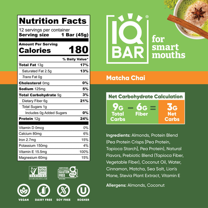 IQBar Vegan and Keto Protein Bars - Matcha Chai