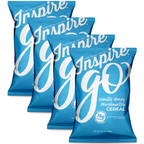 Four blue cereal bags labeled "Inspire Go" with "Vanilla Honey Marshmallow Cereal" and nutritional information, stacked together, showcasing a convenient, on-the-go breakfast option.