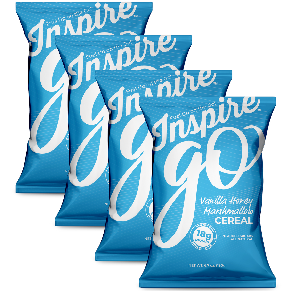 Four blue cereal bags labeled "Inspire Go" with "Vanilla Honey Marshmallow Cereal" and nutritional information, stacked together, showcasing a convenient, on-the-go breakfast option.