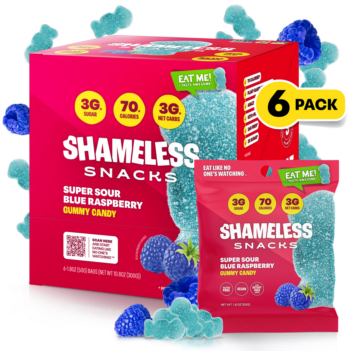 Shameless Snacks Gummy Candy - Super Sour Blue Raspberry - 6-Pack