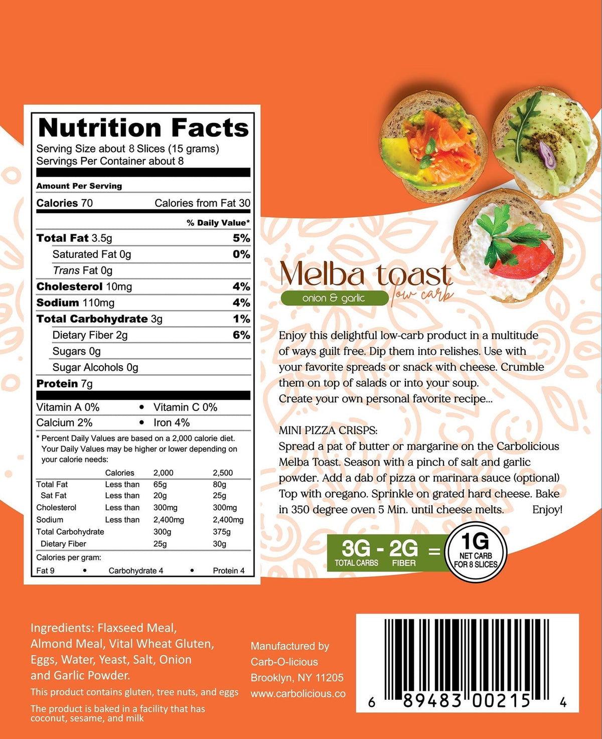 Carbolicious Low Carb Melba Toast - Onion & Garlic One Bag
