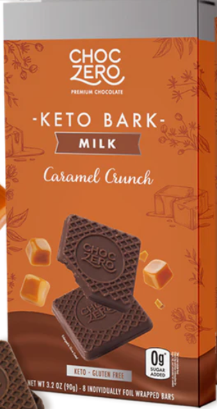 Front package of ChocZero Keto Bark 3.2oz, Milk Chocolate Caramel Crunch