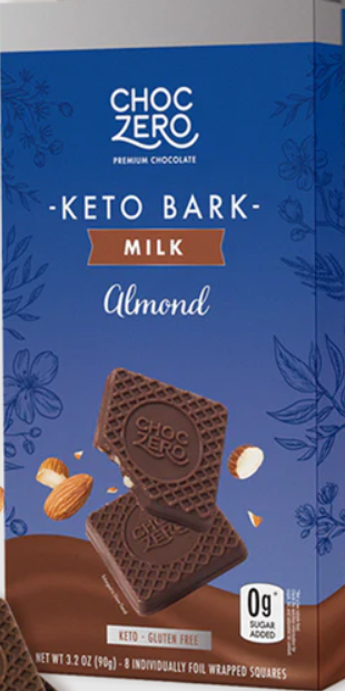 Front package of ChocZero Keto Bark 3.2oz, Milk Chocolate with Almonds