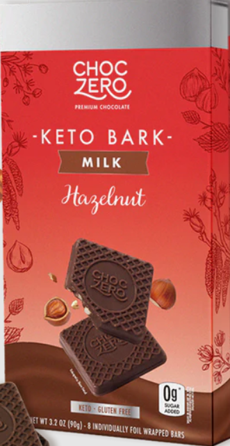 Front package of ChocZero Keto Bark 3.2oz, Milk Chocolate with Hazelnuts