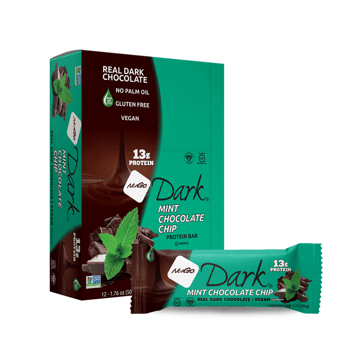 Front package of NuGo Dark Bars, 12 Bars, Mint Chocolate Chip