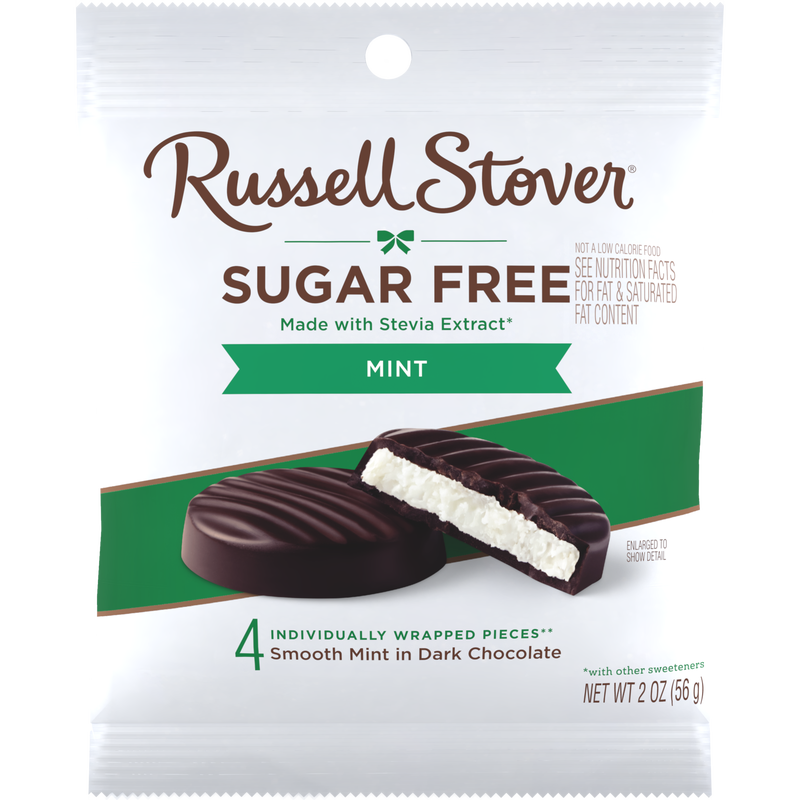 Front package of Russell Stover Sugar Free Peg Bag Candy, Mint Patties (2.0 oz) / One Bag