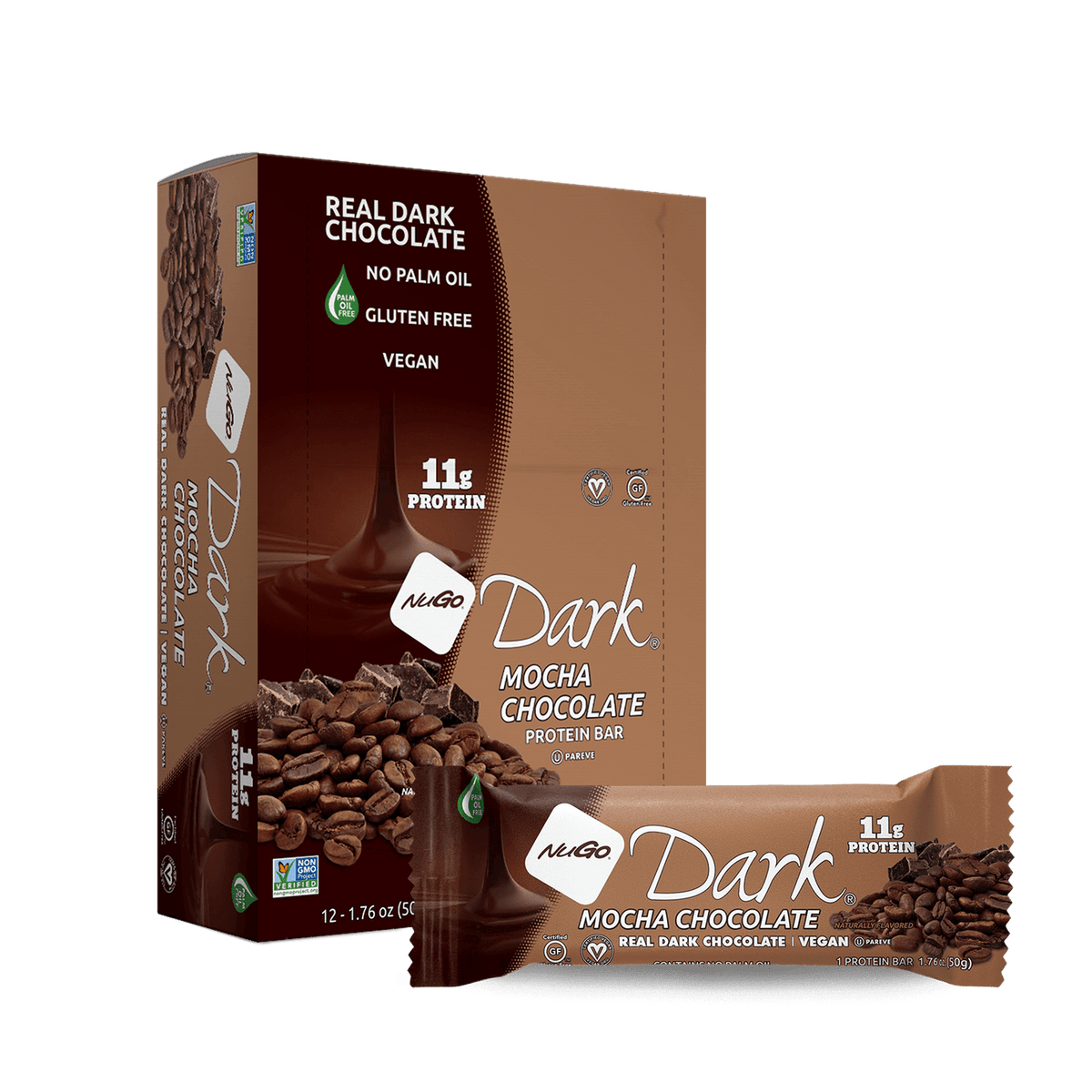 Front package of NuGo Dark Bars, 12 Bars, Mocha Chocolate