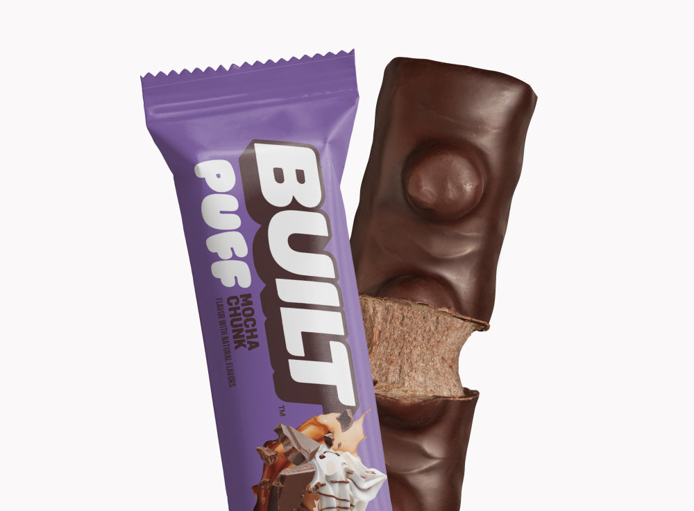 Front package of Built Bar Protein Puffs, Mocha Chunk / One Bar