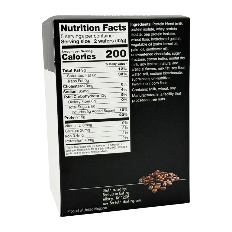 A black nutrition facts label details the ingredients and nutritional information for a protein wafer product, highlighting calories, protein content, and allergens.