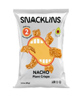 A bag of Snacklins Nacho Plant Crisps features a playful design with a cartoon mouth and crispy snacks, highlighting that it is made with two real vegetables and contains avocado oil.