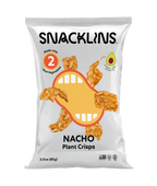 A bag of Snacklins Nacho Plant Crisps features a playful design with a cartoon mouth and crispy snacks, highlighting that it is made with two real vegetables and contains avocado oil.