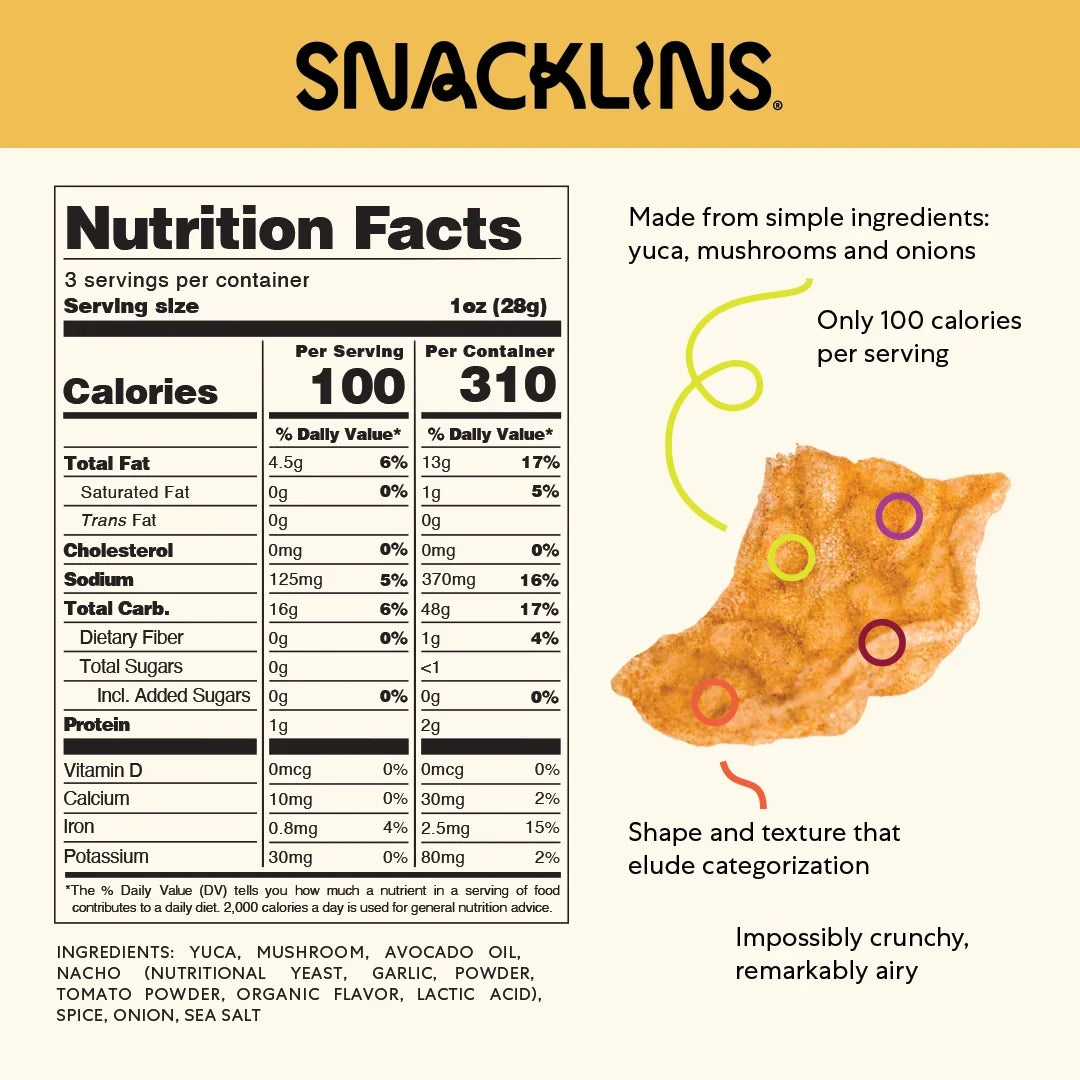 Nutrition facts for Snacklins, featuring a crunchy snack made from yuca, mushrooms, and onions, highlighting its low calorie count and unique texture in a colorful, informative layout.