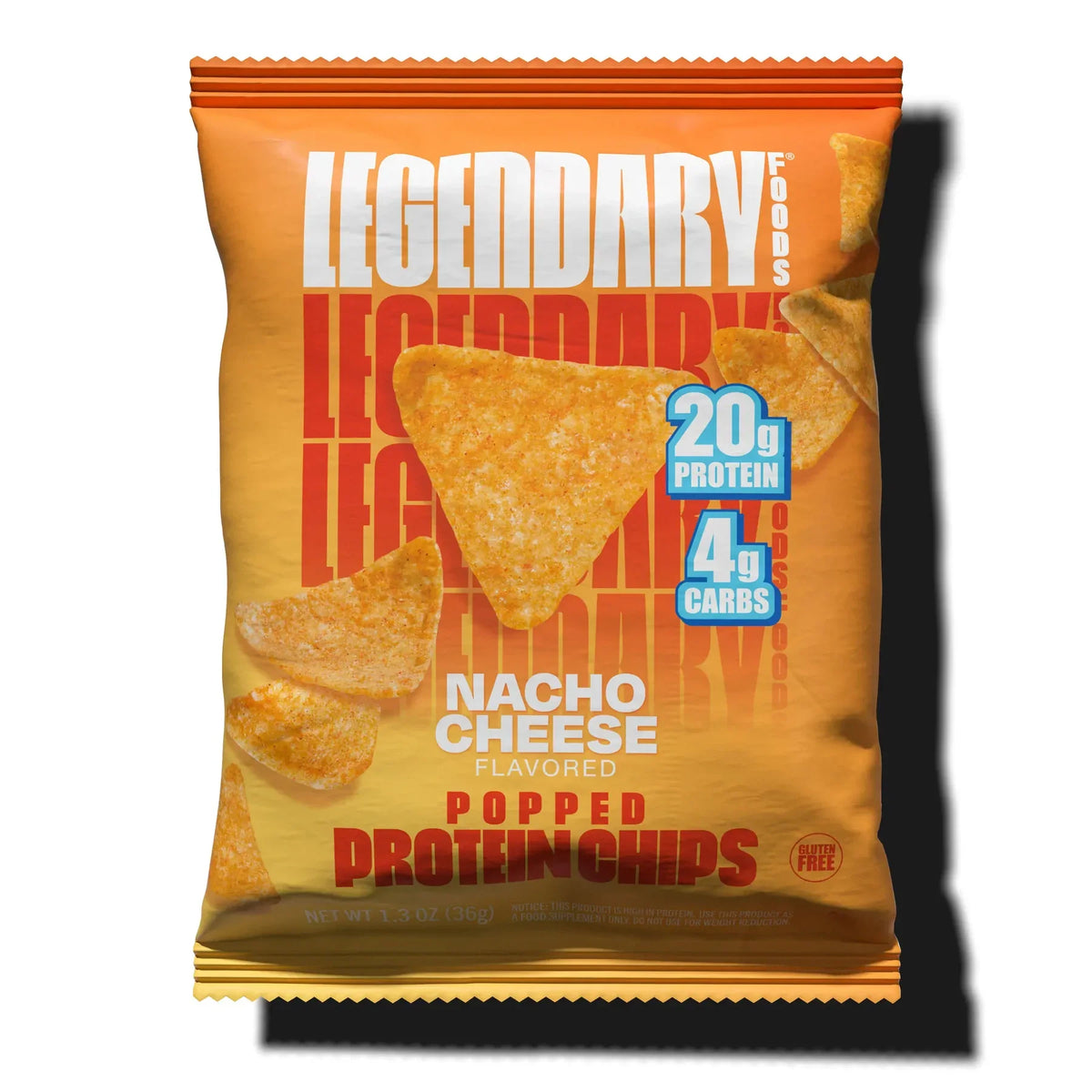 Front package of Legendary Foods Popped Protein Chips, Nacho Cheese / One Bag