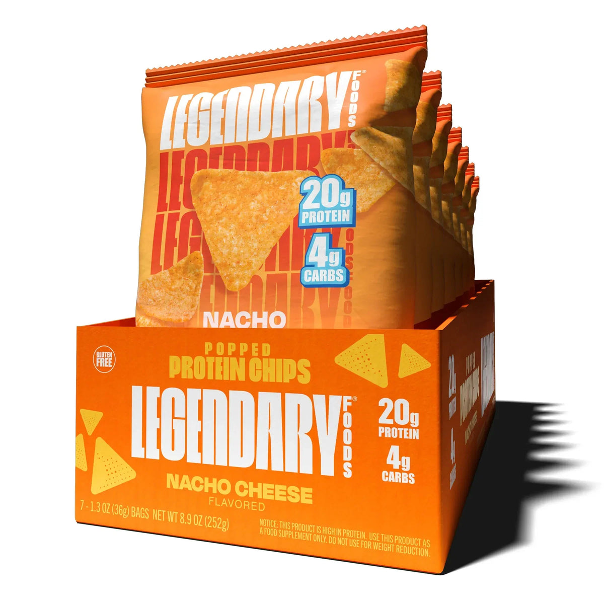 Front package of Legendary Foods Popped Protein Chips, Nacho Cheese / 7-Pack