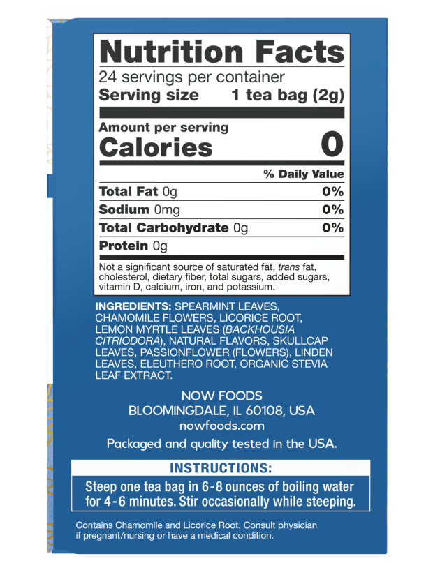 Nutrition facts label for NOW Nighttime Herbal Tea 24 bags