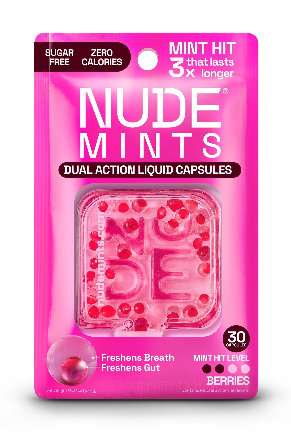 A bright pink package of Nude Mints contains 30 dual-action liquid capsules, featuring berry flavor and claims to freshen breath and gut, with bold text highlighting sugar-free and zero calories.