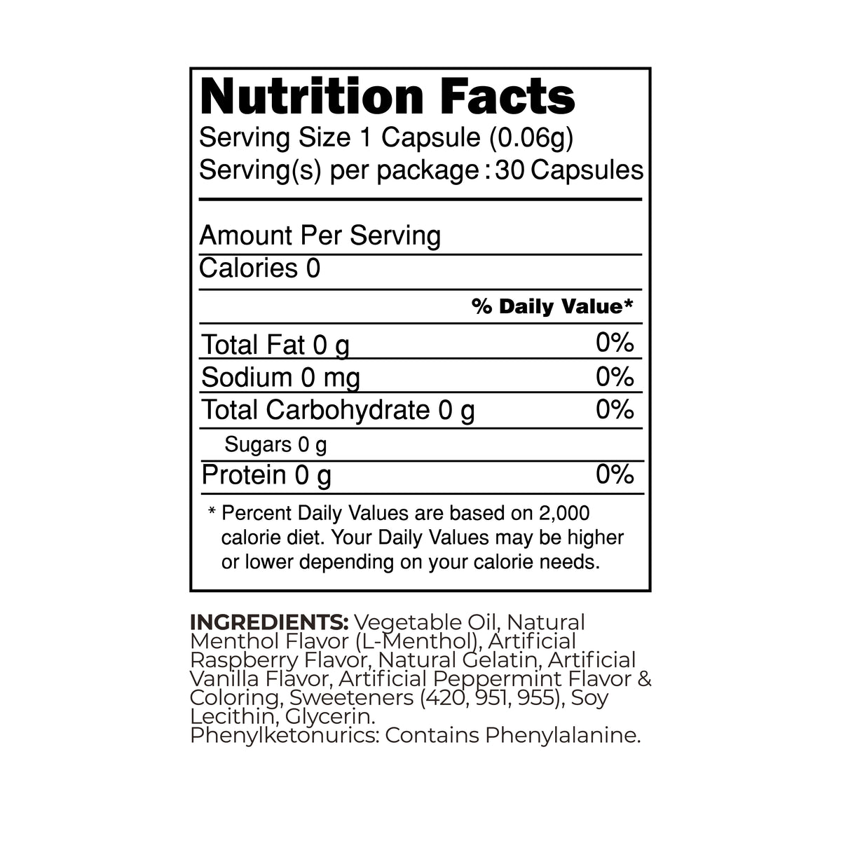 Nutrition facts label for dietary capsules, detailing serving size, calories, fat, sodium, carbohydrates, protein, and ingredients, emphasizing zero calories and various flavorings.