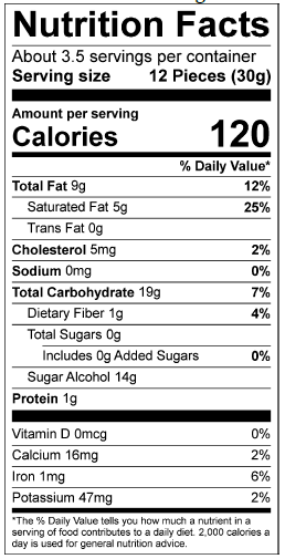 Nutrition facts label displaying serving size, calories, and nutritional content including fats, carbohydrates, protein, vitamins, and minerals for a food product.