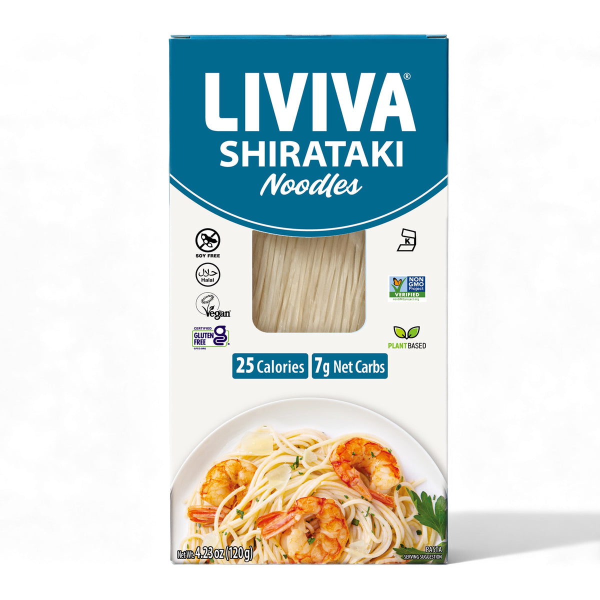 A box of Liviva Shirataki Noodles displays a window showing the noodles inside, with a plate of shrimp pasta on the bottom, highlighting that the product is low-calorie, vegan, and gluten-free.