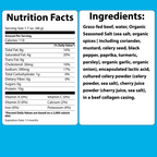 Nutrition facts and ingredient list for a beef product, detailing serving size, calories, fat, protein, and various organic spices, presented on a blue background with clear, bold text.