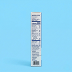 A nutrition facts label on a product box displays serving size, calories, and nutrient information against a light blue background.