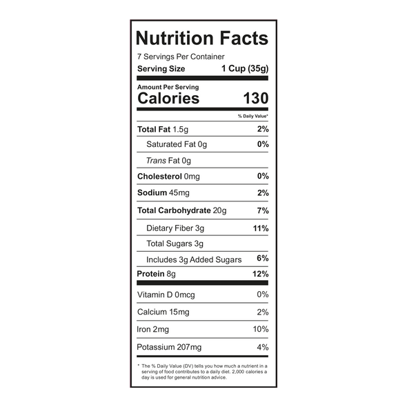 A nutrition facts label displays detailed information for a food product, including serving size, calories, and nutrient content such as fat, carbohydrates, protein, and vitamins.
