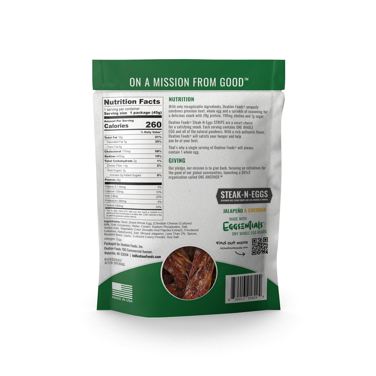 Ovation Foods Steak-N-Eggs Protein Jerky, 1.6 oz - Jalapeño & Cheddar