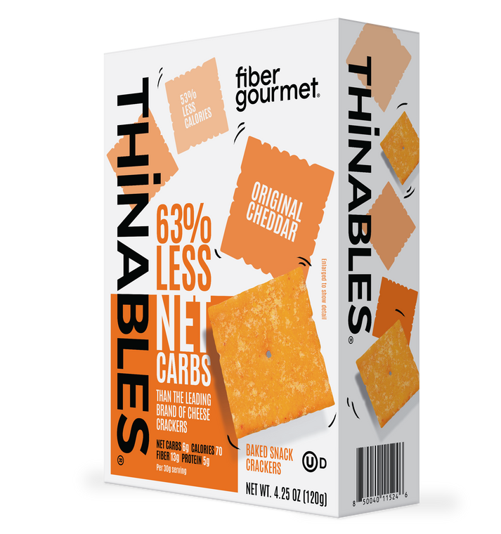 Front package of Fiber Gourmet Thinables Baked Snack Crackers, 4.25 oz, Original Cheddar