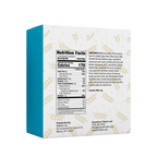 Blue and cream box of protein bars featuring nutrition facts and ingredients, with a floral design; contains milk and soy, with 7 servings per container and 170 calories per bar.