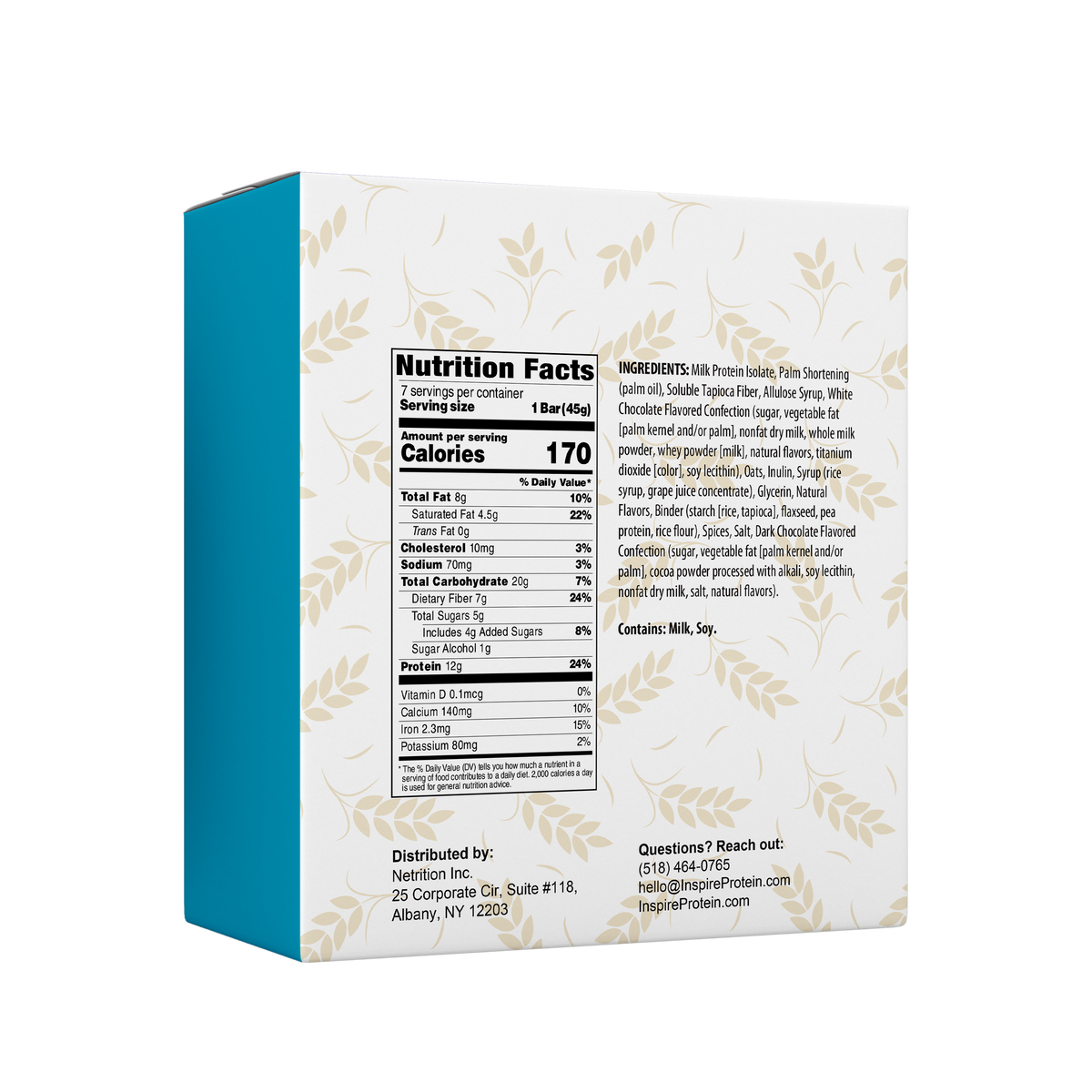 Blue and cream box of protein bars featuring nutrition facts and ingredients, with a floral design; contains milk and soy, with 7 servings per container and 170 calories per bar.