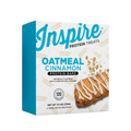 A teal and white box of Inspire Protein Treats features Oatmeal Cinnamon protein bars, highlighting "12g Protein" and "Naturally flavored with other natural flavors."