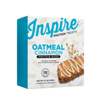 A teal and white box of Inspire Protein Treats features Oatmeal Cinnamon protein bars, highlighting "12g Protein" and "Naturally flavored with other natural flavors."