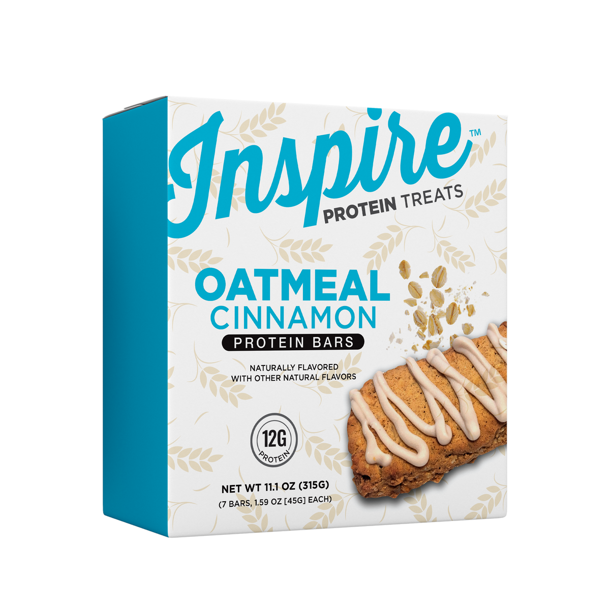 A teal and white box of Inspire Protein Treats features Oatmeal Cinnamon protein bars, highlighting "12g Protein" and "Naturally flavored with other natural flavors."
