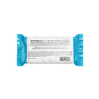 A nutrition facts label is displayed on the back of a protein bar wrapper, featuring details about ingredients, calories, and serving size, with a blue and white design.
