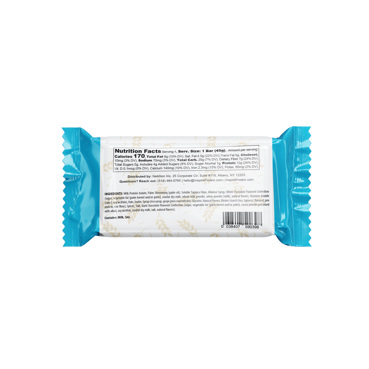 A nutrition facts label is displayed on the back of a protein bar wrapper, featuring details about ingredients, calories, and serving size, with a blue and white design.